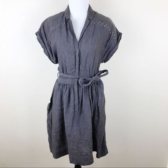 Wilfred Grey Linen Stud Short Sleeve Belted Dress - Picture 1 of 8
